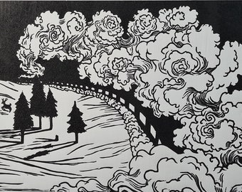 Miles To Go Before I Sleep - Original Handmade Linocut Print