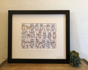 Non-Alcoholic Cat Party Framed Original Drawing