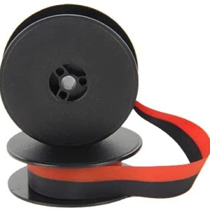 May include: Black and red typewriter ribbon spool with a black plastic spool and a red and black ribbon.
