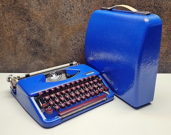 Rare Olympia Splendid 33 Blue Typewriter, German Made Manual Model, Burgundy Keys, With Case, Vintage Retro Machine for Writers, Gift