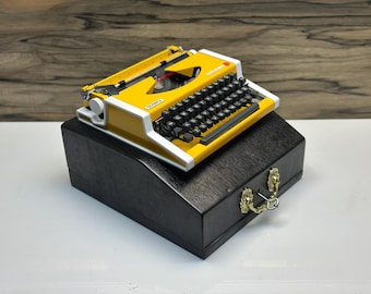 Yellow Olympia Traveller Vintage Manual Typewriter w/ Wooden Case, Fully Working Portable Retro Office Desk Decor, Classic Writer Gift
