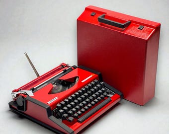 Olympia Red Manual Typewriter with Black Keys,Matching Case, Vintage 1970s Retro Portable Typewriter for Writers and Collectors