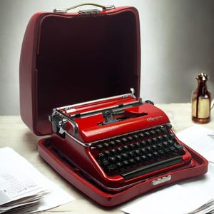 Máquina de escribir Olympia SM3 roja con estuche de madera rojo / Máquina de escribir manual clásica en un rojo inusual / Pieza de decoración vintage completamente funcional