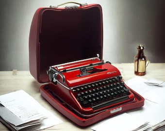 May include: A red vintage typewriter with a black keyboard and a red carrying case. The typewriter is open and ready to be used.