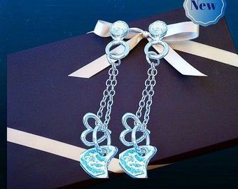 Heart dangly chain earrings with a beautiful aquamarine set and a splash of kingfisher blue enamel