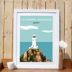 La Corbiere Leuchtturm, Jersey Channel Islands UK, Retro Style Travel Print