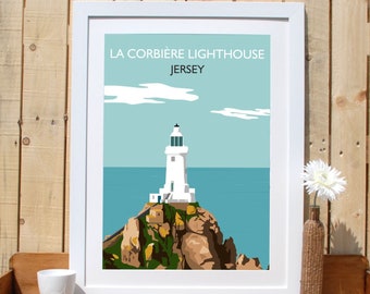 Faro di La Corbiere, Jersey Channel Islands UK, stampa da viaggio in stile retrò