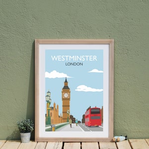 London Westminster retro travel print poster. London England London Bus Memento
