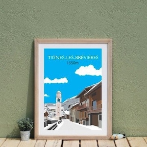 Tignes Les Brevieres ski print , French alps, France. Espace Killy ski area, Val d&#39;isere ski resort. Ski art , winter mountain art