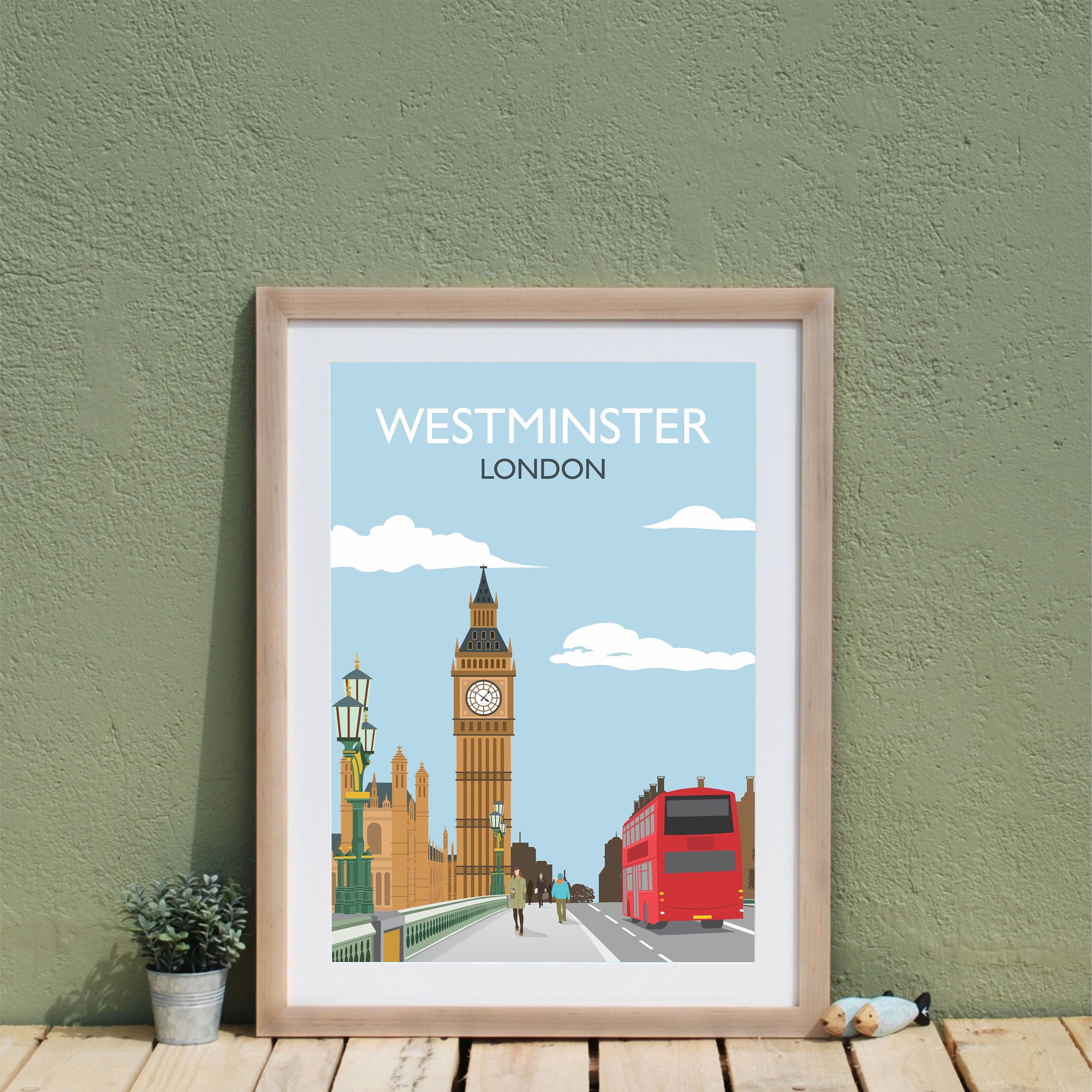 Poster con stampa di viaggio retrò di Londra Westminster. Londra Inghilterra Autobus londinese Memento