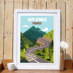 Alpe d&#39;Huez Mountain Climb, French Alps, Tour de France, Retro Print, Memento, Road Biking Souvenir