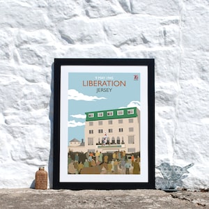 75th Jahrestag Liberation Print, Jersey Channel Islands, Mai 1945, Feier der Jersey Freedom, Retro Travel Print und Poster