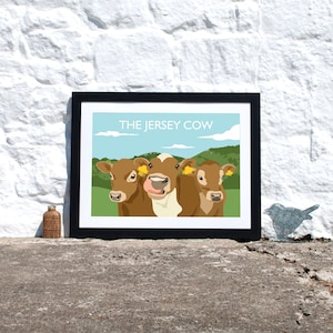 Jersey Cow Print, Channel Islands Uk Retro Travel Style Print, Cheeky cow