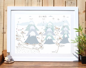 Les 3 Vallees ski map print, Courchevel, La Praz, La Tania, Meribel, Val Thorens, Les Menuires, Saint Martin de Belleville, French Alps