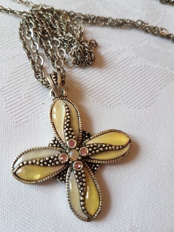 Solid silver necklace and chain. Yellow enamel wi… - image 2