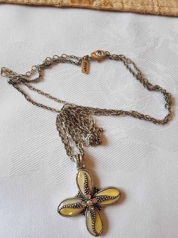 Solid silver necklace and chain. Yellow enamel wi… - image 4