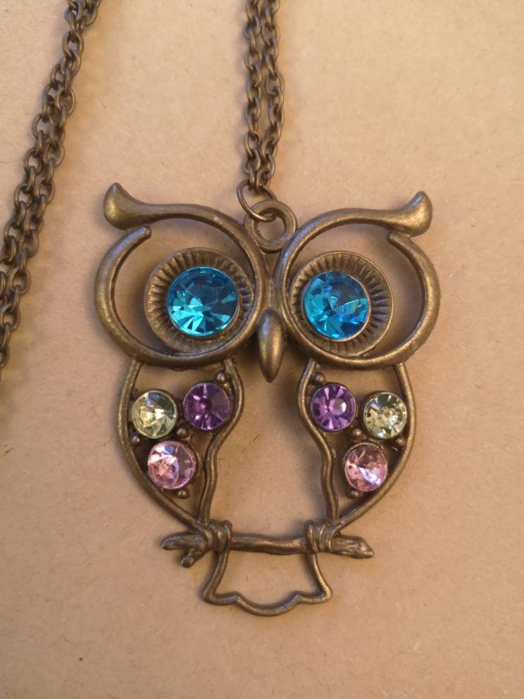 Large Bohemian style Owl Pendant Necklace gold brass tone and long trace chain