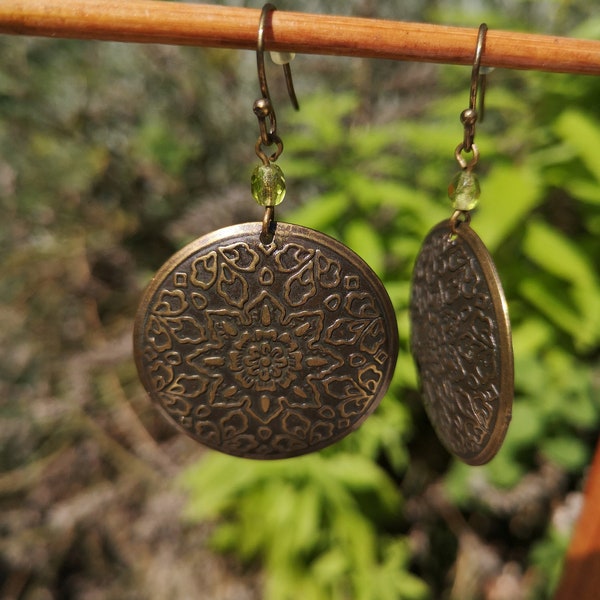 Large Bronze colour Round Engraved Coin Earrings with Green bead