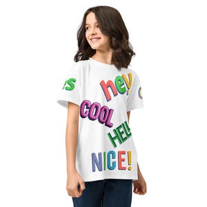 May include: White t-shirt with colorful text graphics. The shirt features the words "hey", "cool", "hell", and "nice!" in various bright colors. The shirt is a youth size.