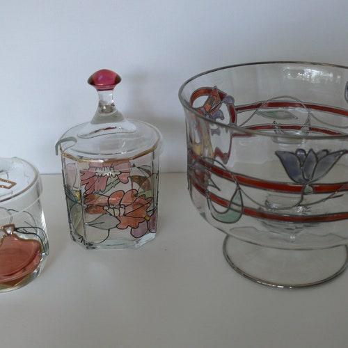 TIFFANY STYLE CRYSTAL footed bowl and 3 condiment jam jars. 2 round , 1 octagon Paul Nagel ,Germany 4 piece retailer set