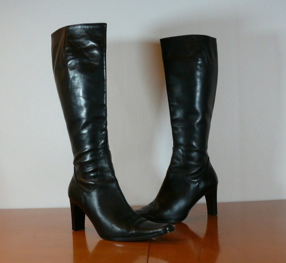 37.5EU Chic Vintage ITALIAN BLACK LEATHER Boots, … - image 1
