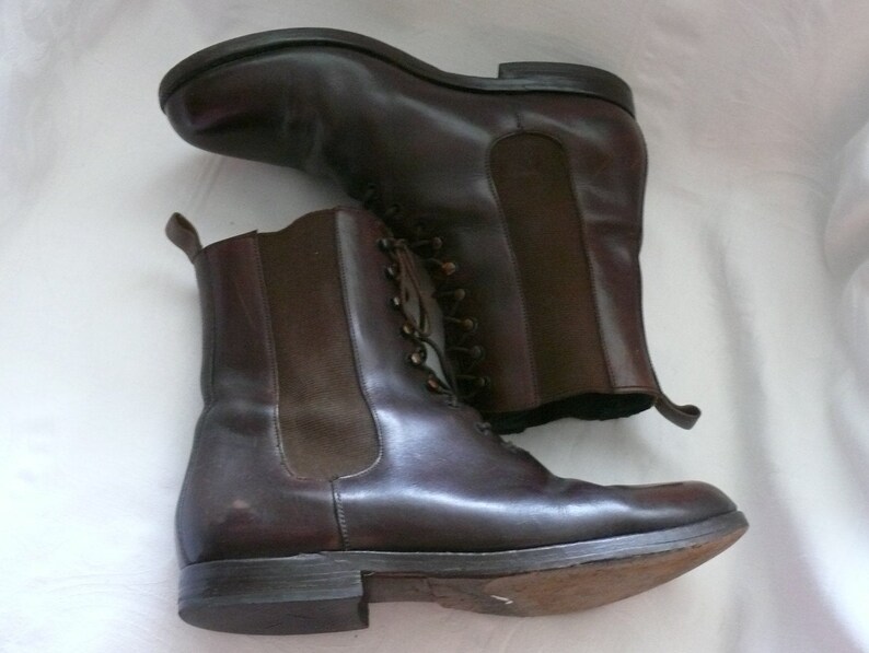 Size 38 Unique Jil Sanders Flat Boots JIL SANDERS Leather Mid Calf Lace Up Dark Brown Boots