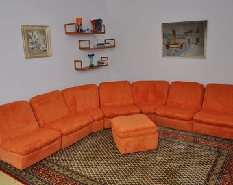 Canapé modulable en velours côtelé orange, années 1970, set de 8