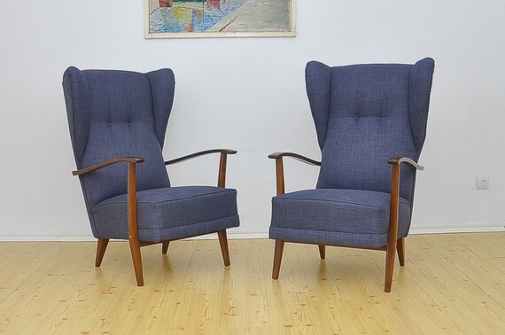 Large Vintage Wingback Chairs 1950s Set Of 2 After Etsy