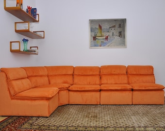 Oranje corduroy modulaire bank, jaren 70, set van 5