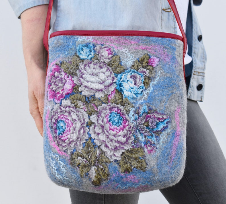 Leather crossbody bag for women Shoulder bag with flowers Grey handbag Art boho Handmade exclusive bag