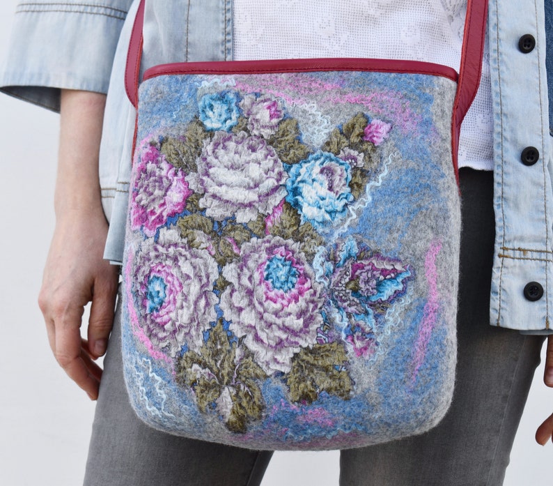 Leather crossbody bag for women Shoulder bag with flowers Grey handbag Art boho Handmade exclusive bag
