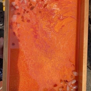 Pink Orange Gold Rose Quartz Trippy Drippy Fall Acrylic Pour Fluid Art Painting Wooden Crystal Resin Serving Tray Home Decor 12 inch