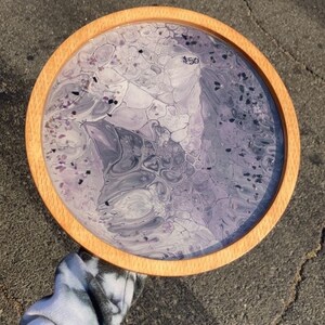 Fall Spooky Purple Amethyst Trippy Drippy Acrylic Pour Fluid Painting Wooden Circle Resin Serving Tray Crystal Home Decor Wall Art 12 inch