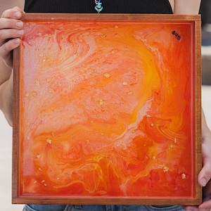 Fall Orange Trippy Hippy Drippy Acrylic Pour Fluid Art Painting Wooden Square Large 13 inch Resin Serving Tray Home Decor Wall Art