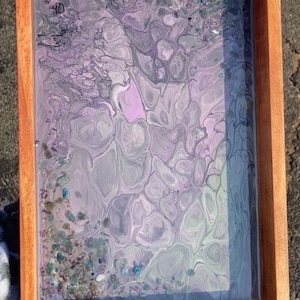 Spooky Purple Green Amethyst Trippy Drippy Fall Acrylic Pour Fluid Art Painting Wooden Crystal Resin Serving Tray Home Decor 12 inch