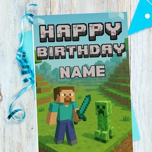 Caricature de carte d'anniversaire de jeu vidéo Steve Minecraft avec nom personnalisé