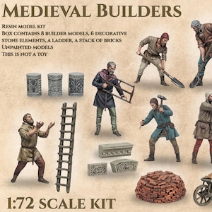May include: A resin model kit titled Medieval Builders by Archibald Miniatures, featuring eight unpainted builder figures, a ladder, a stack of bricks, a wheelbarrow, and six decorative stone elements. The set is labeled as a 1:72 scale kit.