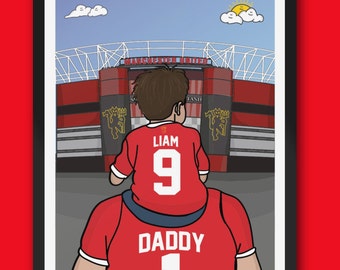 Personalised MANCHESTER UNITED custom Dad & Lad artwork - MUFC Old Trafford Stadium Football Gift Art Print The Red Devils gifts premiership