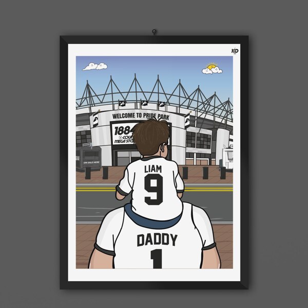 DERBY - Impression personnalisée personnalisée papa & LAD - The Rams Wall Art Print, Pride Park, Cadeau sur le thème du football, Stade, Garçons, Thème garçon, Comté
