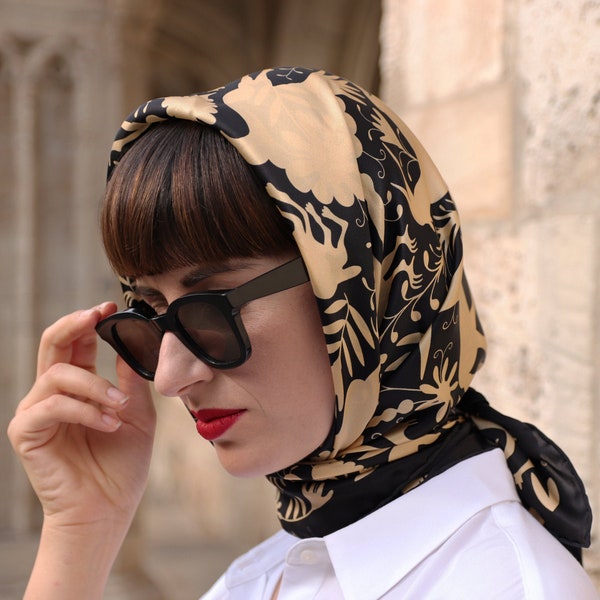 100% Silk Scarf, Satin Scarf, Black & Gold, Foulard Soie, Office Outfits, Headscarf