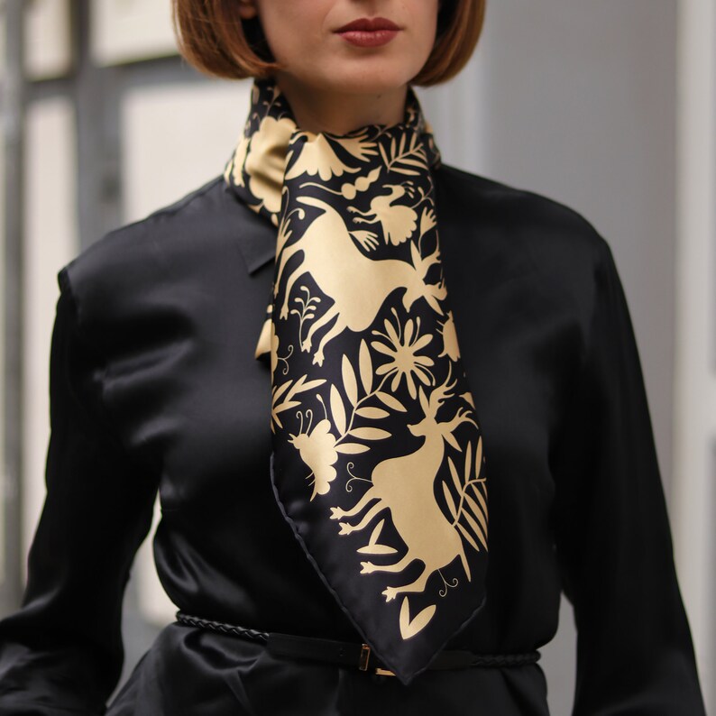 100% Silk Scarf, Satin Scarf, Black & Gold, Foulard Soie, Office Outfits, Headscarf image 3