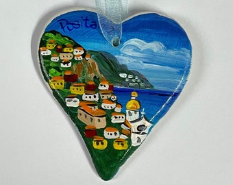 Positano heart to hang. Hand painted ceramic heart. Customizable heart, Italian souvenir, gift idea for Italy lovers