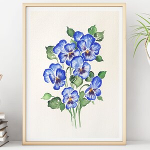 Pittura floreale ad acquerello. Dipinto con viole del pensiero. Acquerello su carta 7" x 10".
