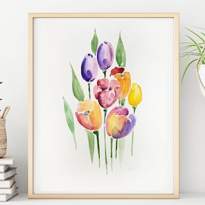 Tulipani acquerello originale. Pittura floreale su carta 7" x 10".
