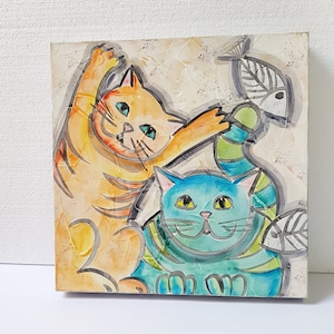 Quadro con gatti stile fumetto. Dipinto per camera bambini, regalo per amanti dei gatti. Arte della parete, quadro originale in acrilico.