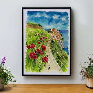 Acquerello originale Cinque Terre. Arte della parete della casa, ricordo viaggio in Italia, ricordi positivi, papaveri mare case colorate.