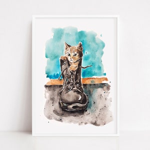 Acquerello originale con gatto, pittura da appendere stanza bambini. Dipinto su carta 7" x 10".