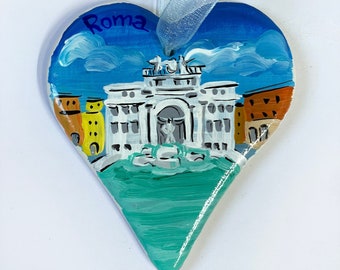 Rome heart to hang, Trevi Fountain, heart hand painted in Italy. Personalized travel souvenir with Italian landscapes. Gift ideas for her.