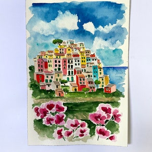 Acquerello ORIGINALE Cinque Terre, Corniglia. Dipinto a mano in Italia. Paesaggio Italiano con case tipiche e fiori. Arte della parete.