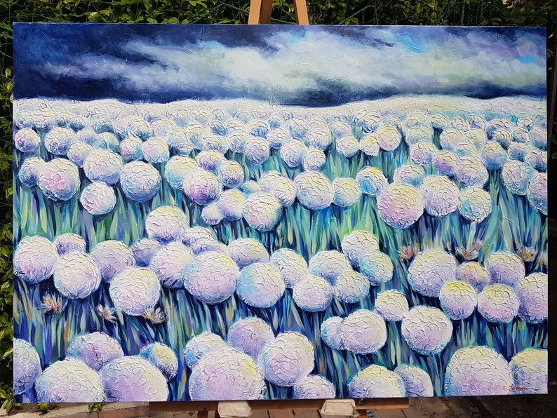 Dipinto ad acrilico su tela paesaggio di fiori soffioni image 0